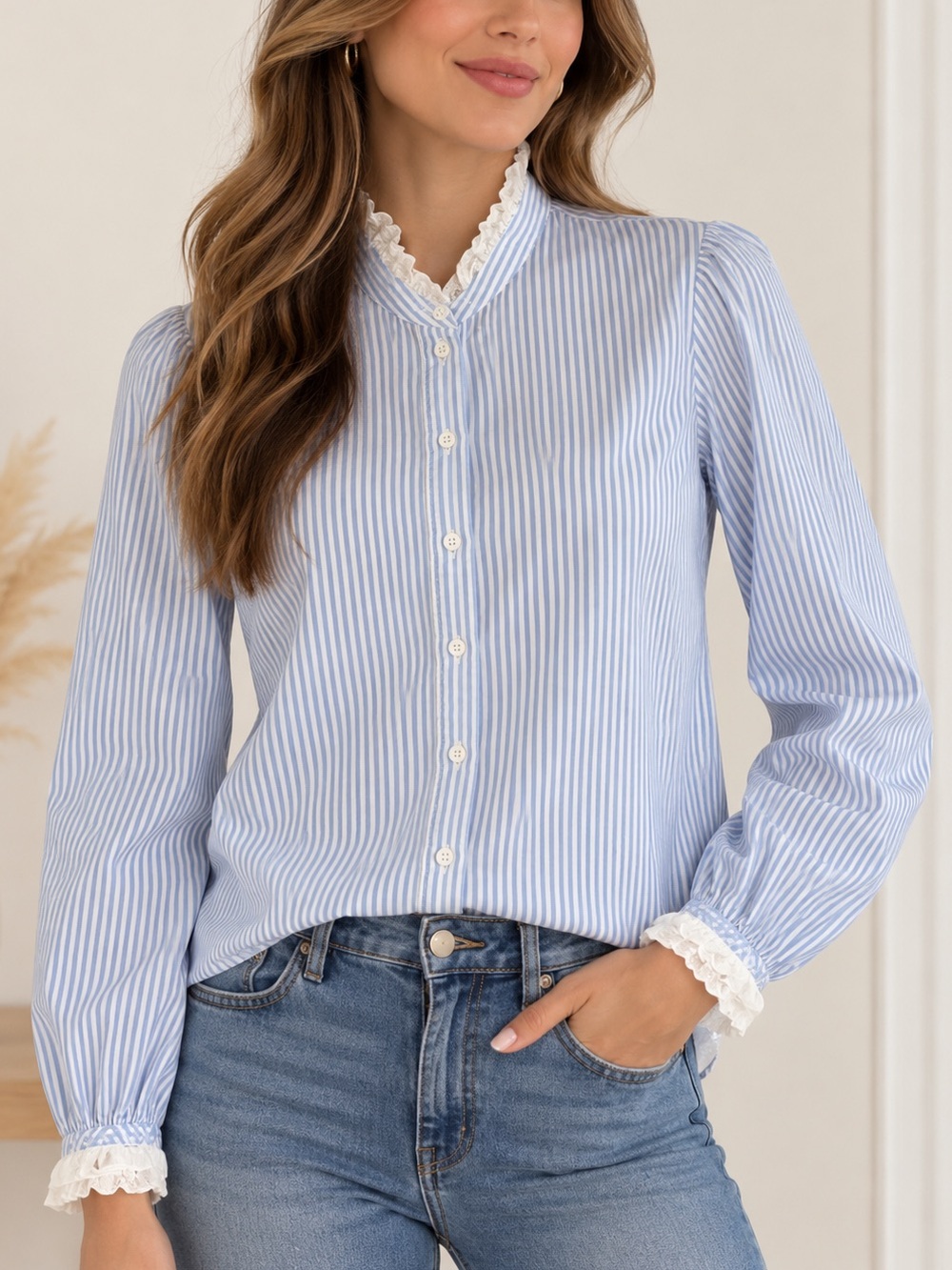 J. Crew Blue and White Striped Ruffle Collar Button-Down Shirt